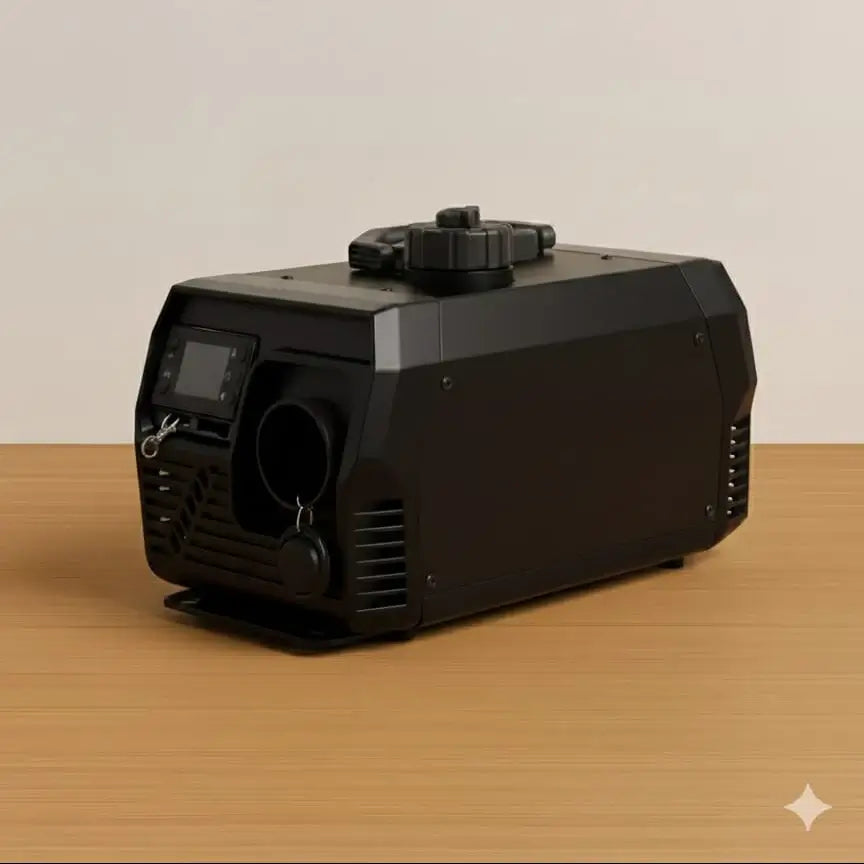 Abou Che3le compact black air diesel heater unit with digital control screen and top fuel filler cap on a wooden surface.