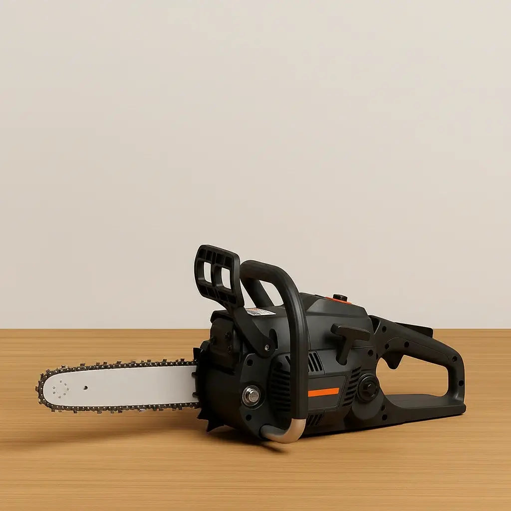 Abou Che3le petrol chainsaw resting horizontally on a wooden surface with its guide bar and black handle visible.