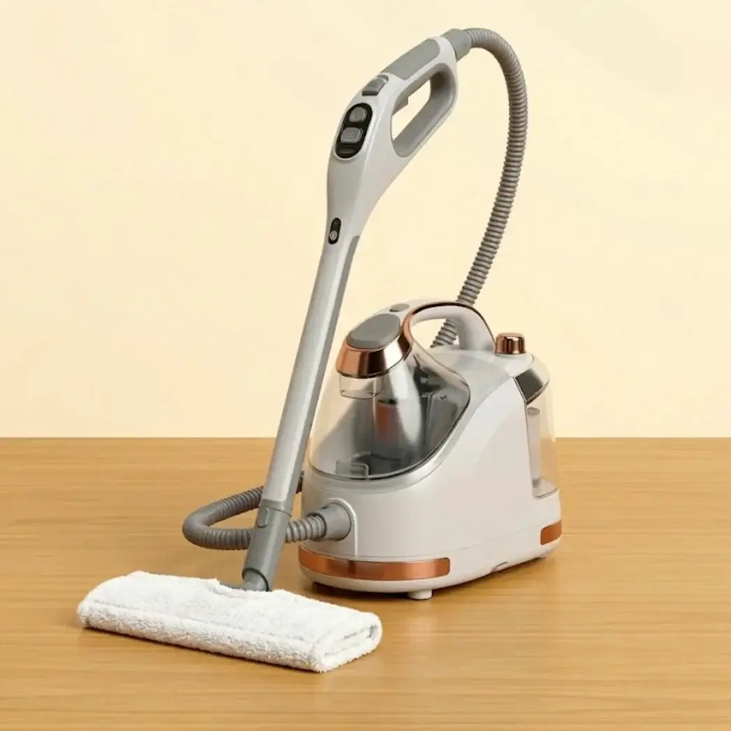 Abou Che3le portable handheld steam cleaner with flexible hose and ergonomic handle on a wooden surface.