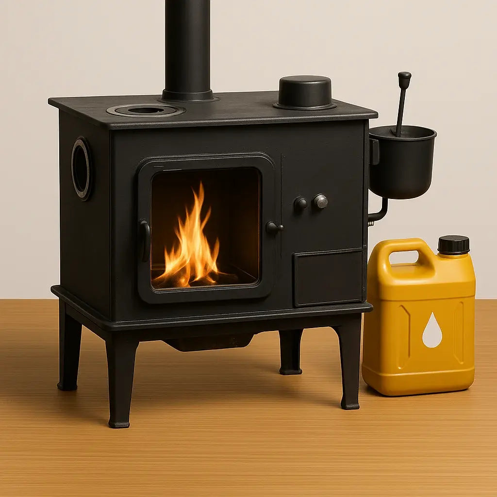Abou Che3le black diesel stove with a glass door showing a burning flame, a vertical pipe, an attached side container, and a yellow jerrycan resting on a wooden surface.
