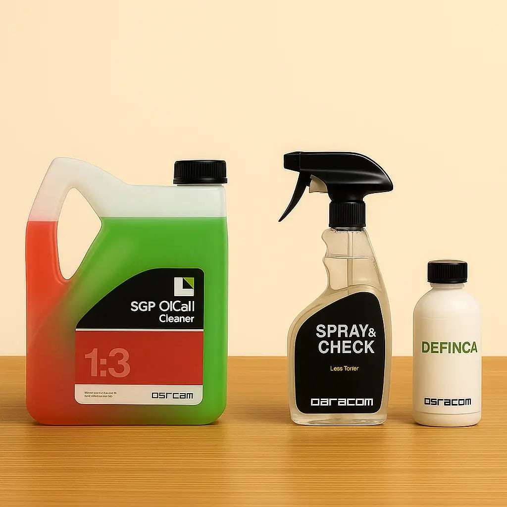 Abou Che3le Errecom professional HVAC cleaning and maintenance products including coil cleaner spray bottle and sealant on a wooden surface.