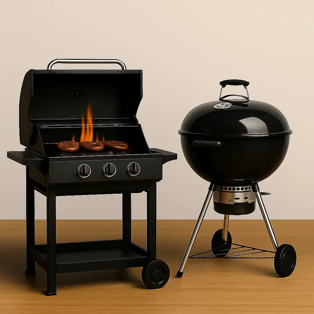 Abou Che3le open-lid gas grill with burning burgers and a black round charcoal grill standing side-by-side on a wooden surface.