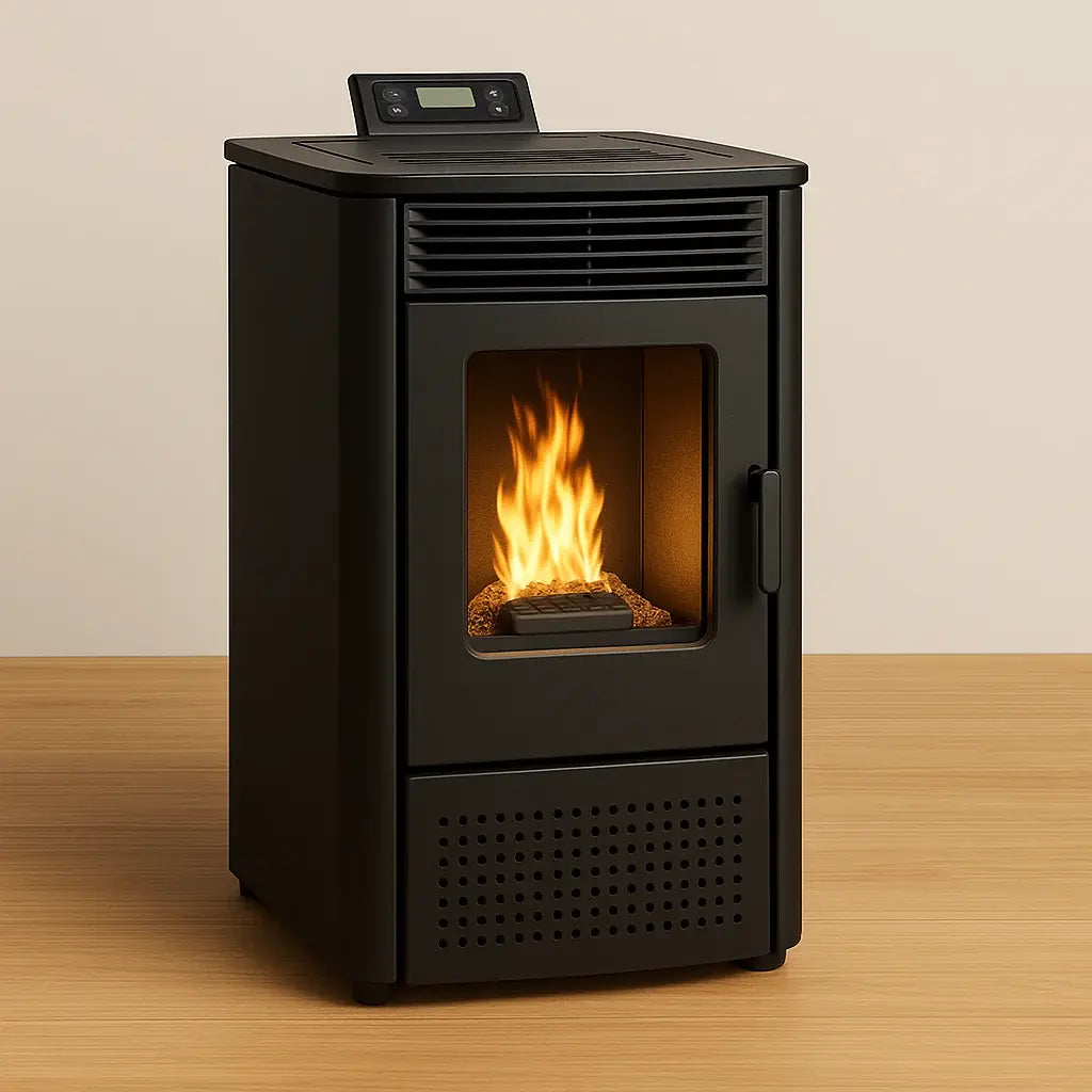 Abou Che3le modern black pellet stove with an electronic control panel on top and a visible flame behind the glass door on a wooden surface.
