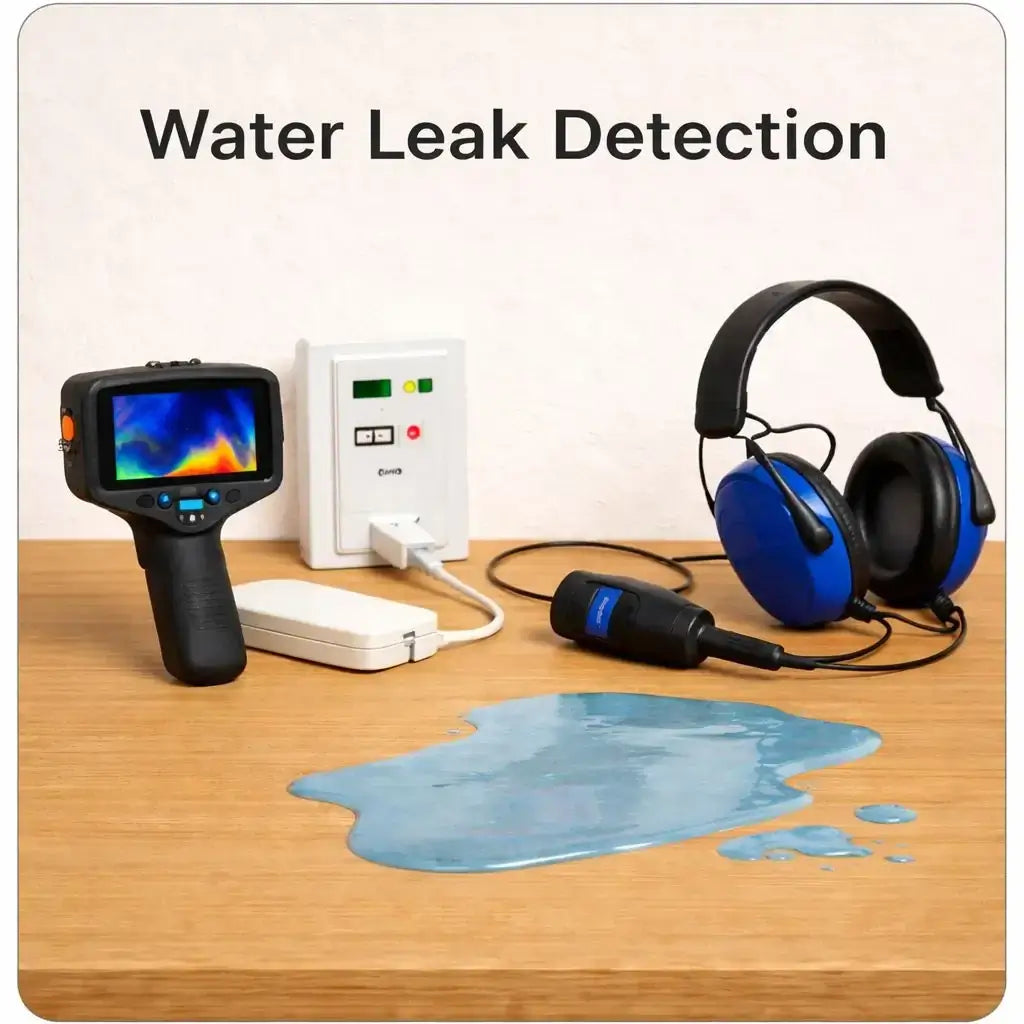 Abou Che3le professional water leak detection equipment featuring a thermal imaging camera, acoustic listening headphones, and a pipe inspection sensor on a wooden surface.