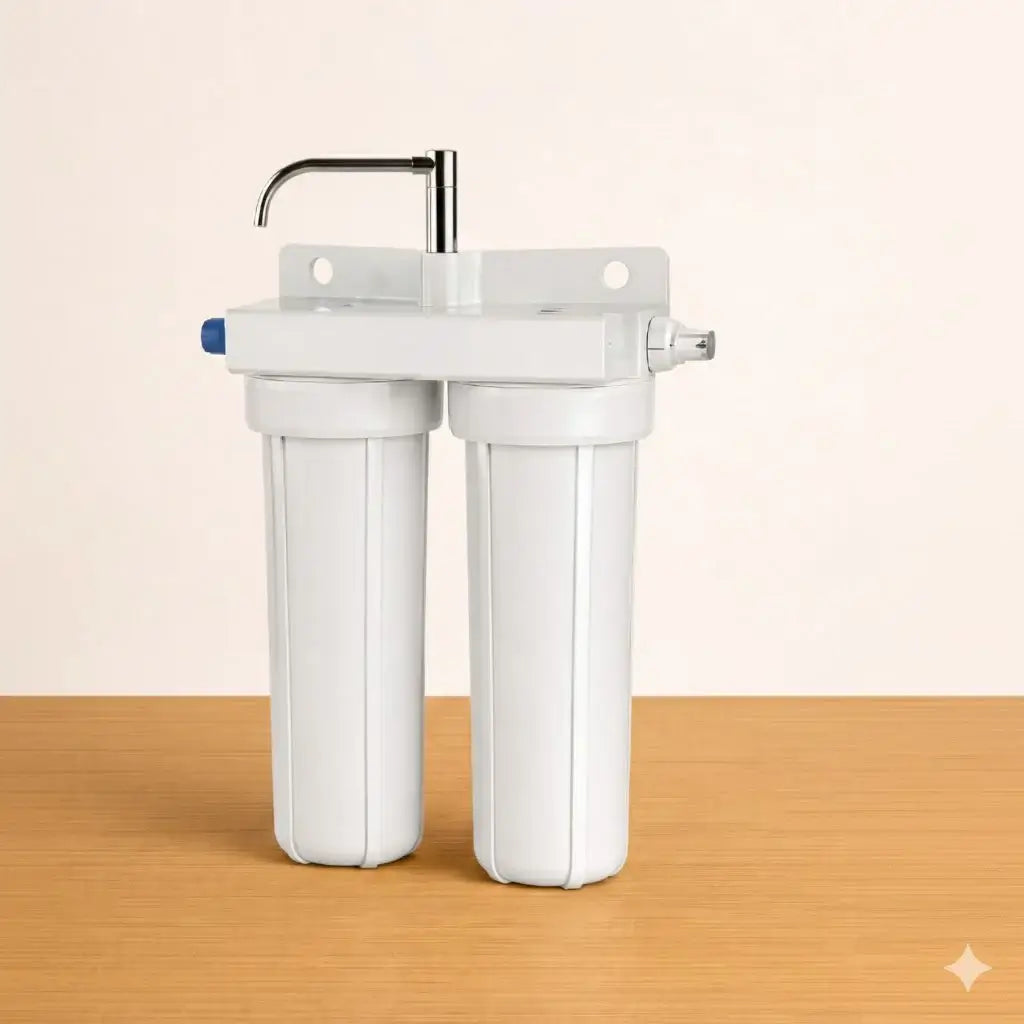 Abou Che3le twin-stage under-sink water filter system with dual white filter housings, wall-mounting bracket, and a sleek chrome drinking water faucet.