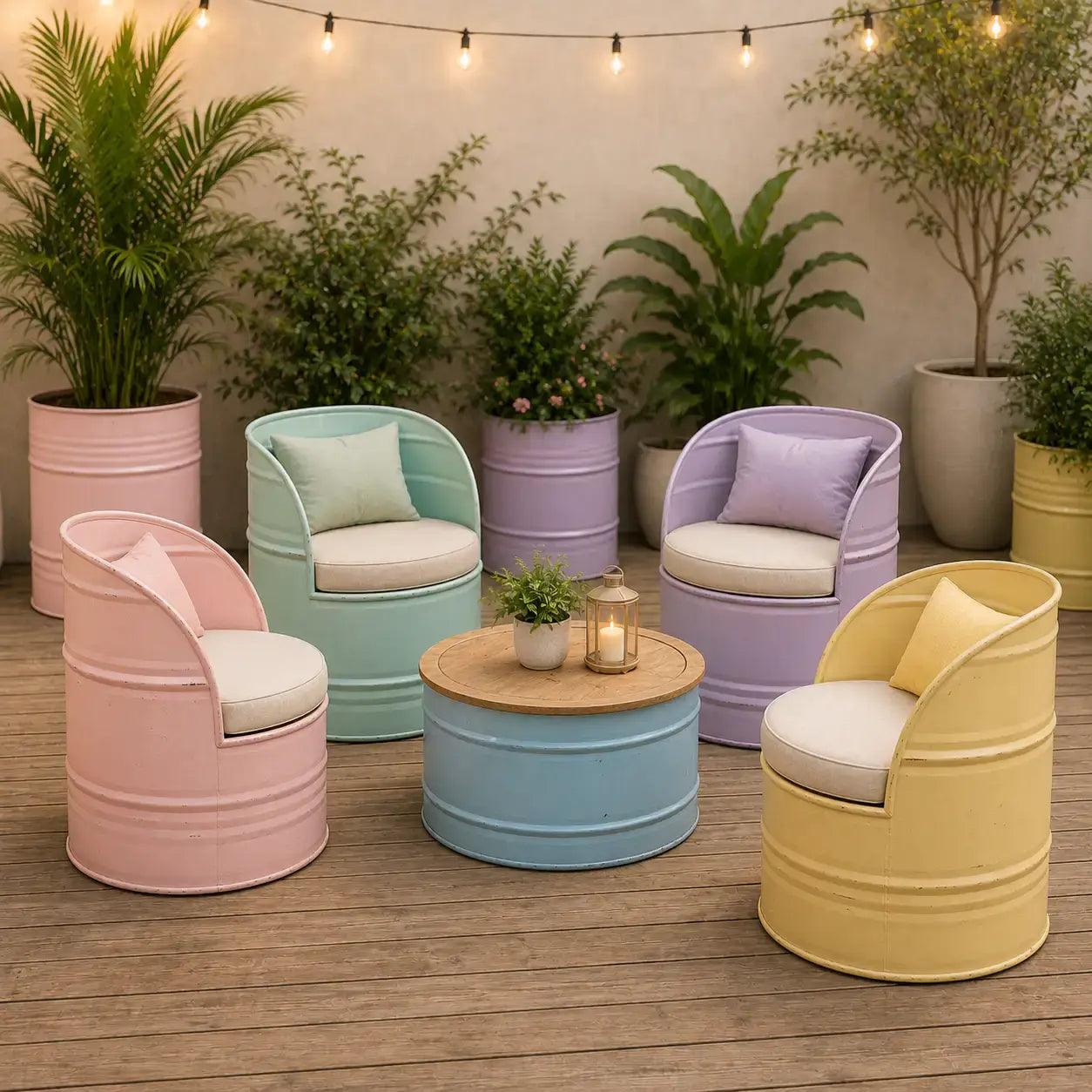Abou Che3le colorful metal barrel outdoor furniture set featuring pastel armchairs, matching table, and decorative potted plants for gardens and patios.