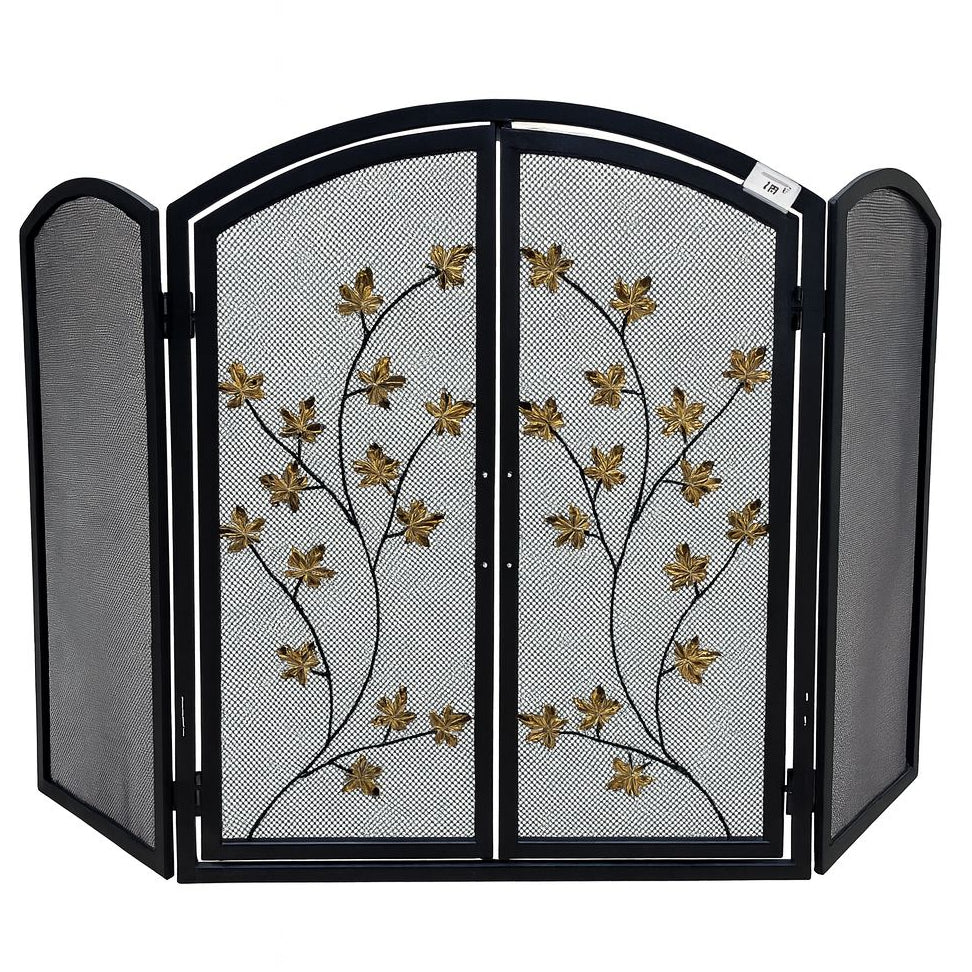Decorative Black Fireplace Screen with Gold Flowers – 81 × 130 cm