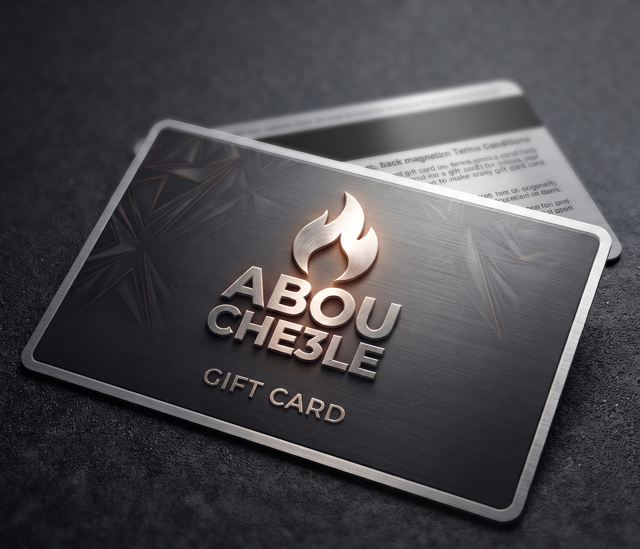 A metallic gift card with a brushed dark gray finish, featuring the brand name 'ABOU CHE3LE' in raised silver lettering beneath a stylized flame logo. The card is shown at an angle on a dark textured surface, with a second card partially visible behind it.