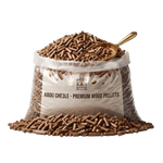A clear plastic bag filled with brown wood pellets, with a gold scoop resting in the pile. The front label reads 'ABOU CHE3LE - PREMIUM WOOD PELLETS' with a small logo.