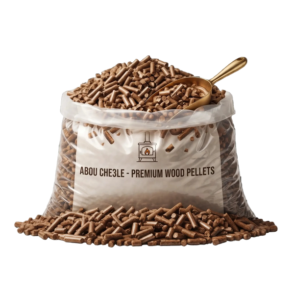 A clear plastic bag filled with brown wood pellets, with a gold scoop resting in the pile. The front label reads 'ABOU CHE3LE - PREMIUM WOOD PELLETS' with a small logo.