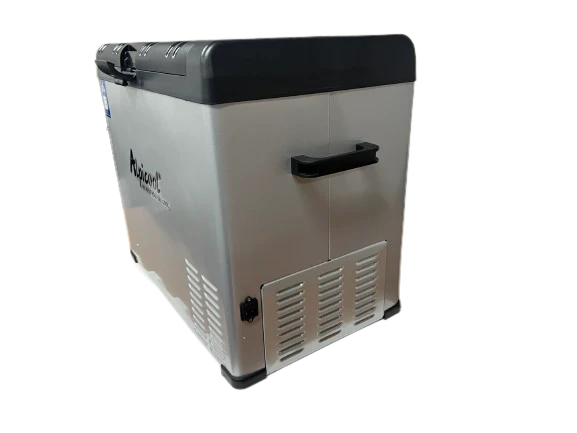 A compact stainless steel and black portable refrigerator, shown from a three-quarter angle on a white background. The brand name 'Hagout' is visible on the side.