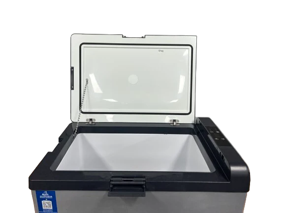 A Alpicool C30 Portable Car Fridge / Freezer with a black plastic outer housing, a gray inner base, and a clear lid that is shown open, revealing a white interior bowl.