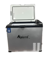 A stainless steel commercial freezer with its lid open, featuring a black top lid and front branding that reads 'Aptical'.