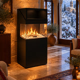 A modern black electric fireplace with a glass front, filled with white stones and glowing orange flames, shown on a solid white background.