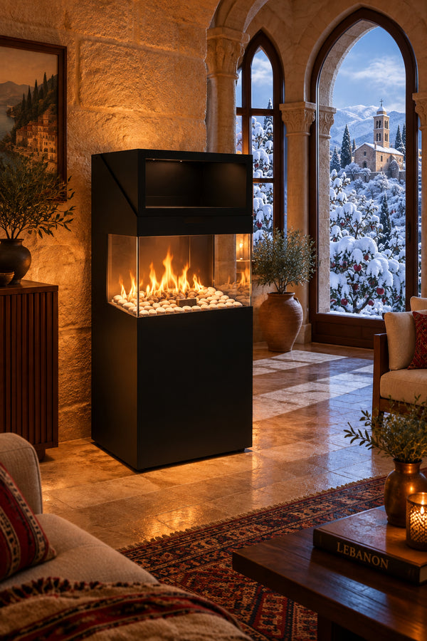 A modern black electric fireplace with a glass front, filled with white stones and glowing orange flames, shown on a solid white background.