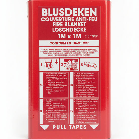 Front view of a 1m x 1m Synapse Emergency Fire Blanket in a red casing with multi-lingual safety instructions.