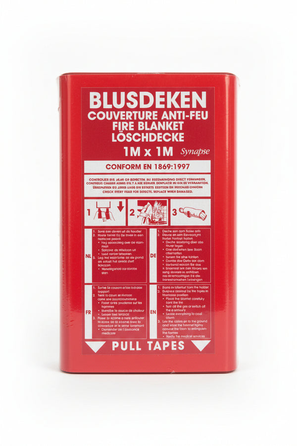 Front view of a 1m x 1m Synapse Emergency Fire Blanket in a red casing with multi-lingual safety instructions. -  Emergency Fire Blanket 1M x 1M – EN 1869:1997 Certified -  Abouche3le
