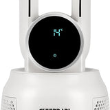 A white modern tower fan with a circular black digital display showing 14 degrees Celsius, featuring the G.FERRARI brand name on the front.