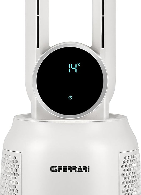 A white modern tower fan with a circular black digital display showing 14 degrees Celsius, featuring the G.FERRARI brand name on the front.