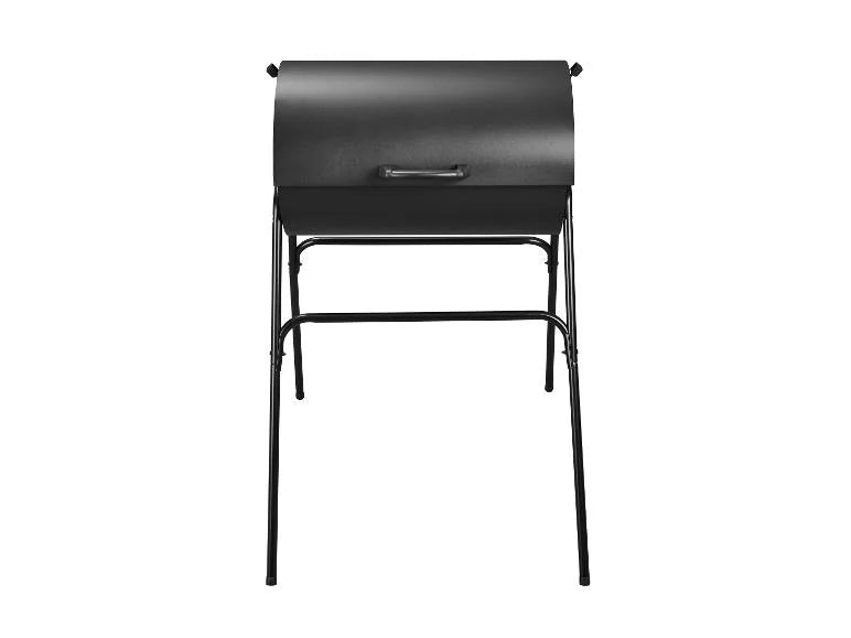 GRILLMEISTER Kansas Charcoal Barrel BBQ Grill with a hinged lid and four legs, shown from a front-facing perspective on a solid white background.