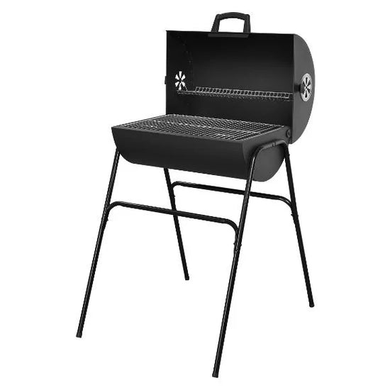 Black barbecue GRILLMEISTER Kansas Charcoal Barrel BBQ Grill on a white background