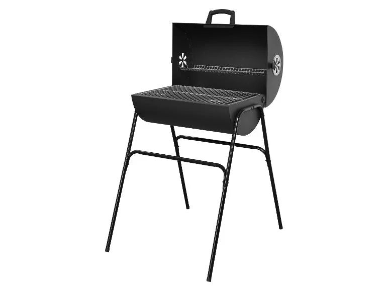 Black barbecue GRILLMEISTER Kansas Charcoal Barrel BBQ Grill on a white background
