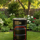 Three metal barrel-style furniture pieces shown on a white studio background: a red barrel with a black top and black side panel, a black barrel with a red side panel, and a red barrel with a stainless steel sink and faucet.