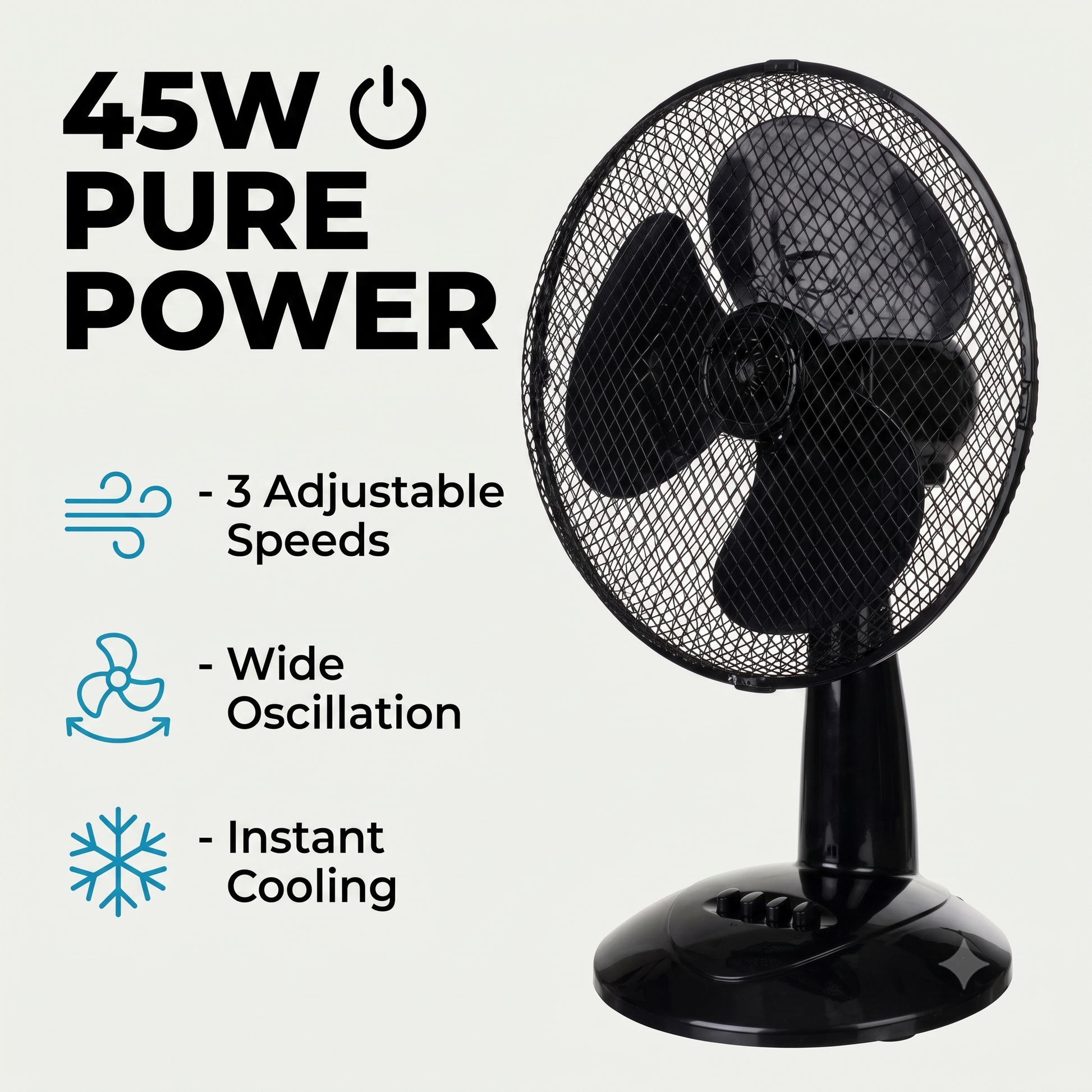 LEX XXL Table Fan Premium Wind Machine Ø30 cm – 3 Speeds, 45W, Oszillierend (Black)