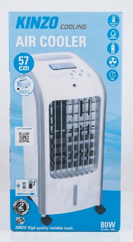 Kinzo Cooling Air Cooler in its original retail packaging, featuring a white and gray 57 cm tower fan with a digital display screen, set against a clean white background.