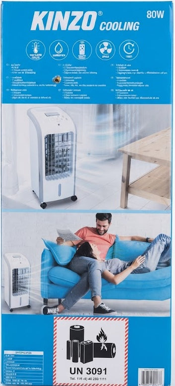 Kinzo Cooling 80W AC fan product packaging box, featuring blue and white design with product images and specifications.