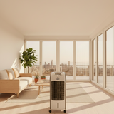 Kinzo Cooling Air Cooler With Remote Control 57 cm 80 W branding on a white background with Beirut and Abou Che3le in the background -  Kinzo Cooling Air Cooler (57 cm, 80W) -  Abouche3le