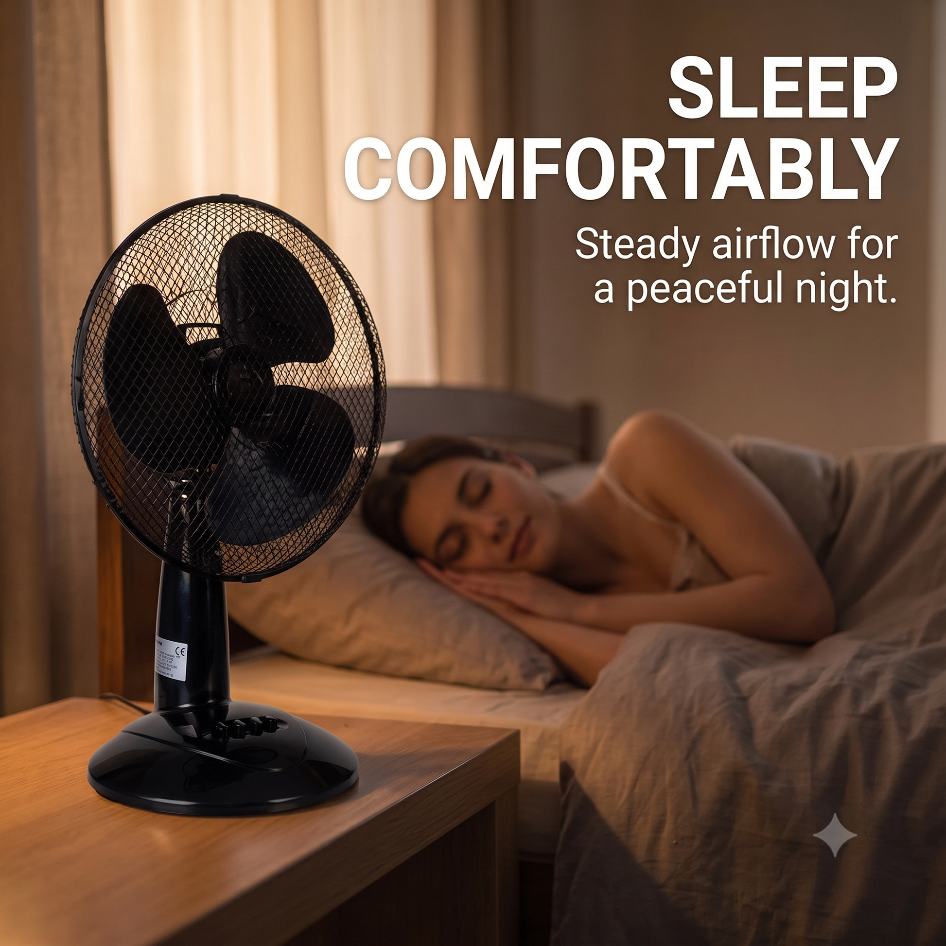 A black pedestal LEX XXL Table Fan Premium Wind Machine sits on a wooden bedside table in a bedroom, with a woman sleeping peacefully in bed in the background. White text on the top right reads 'SLEEP COMFORTABLY' and 'Steady airflow for a peaceful night.