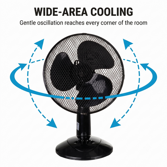 Black pedestal LEX XXL Table Fan Premium Wind Machine with blue arrow graphics showing wide-area cooling airflow direction, on a white background with text 'WIDE-AREA COOLING' and 'Gentle oscillation reaches every corner of the room'.