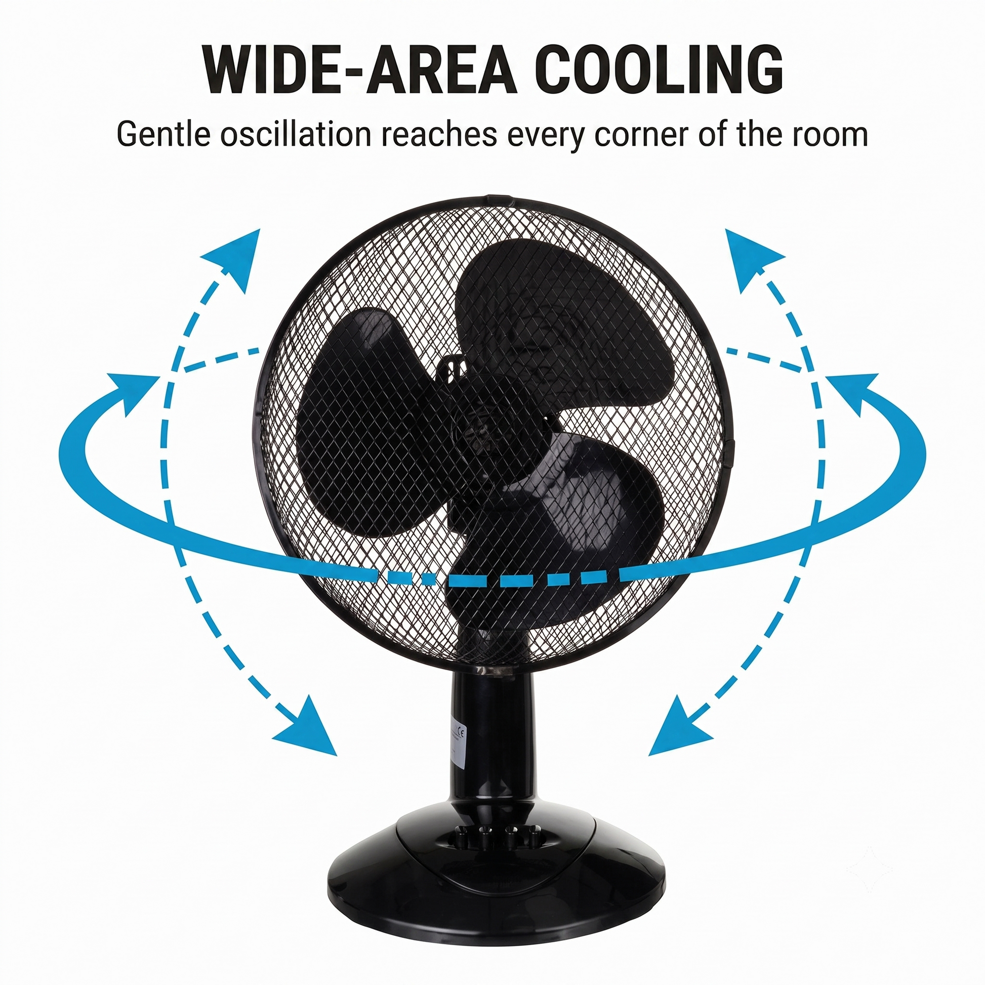 Black pedestal LEX XXL Table Fan Premium Wind Machine with blue arrow graphics showing wide-area cooling airflow direction, on a white background with text 'WIDE-AREA COOLING' and 'Gentle oscillation reaches every corner of the room'.
