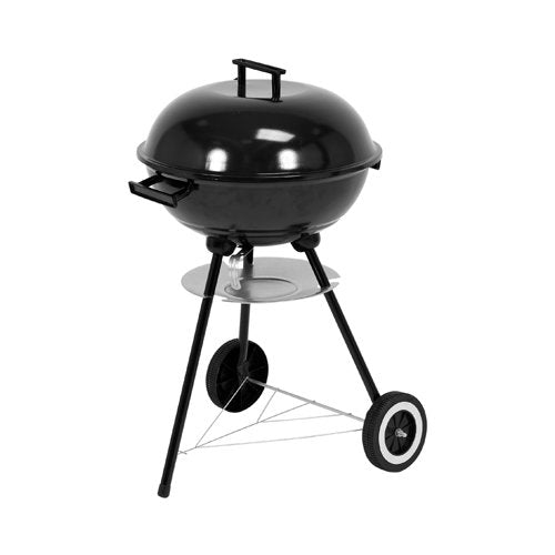 A classic black kettle-style LUND CHARCOAL BBQ GRILL WITH LID 41CM with a dome lid, side handles, a metal shelf, and a wheeled stand on a plain white background.