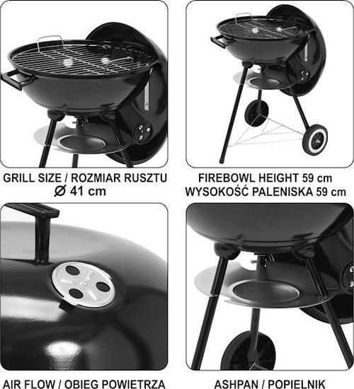A four-panel product information graphic showing a black round kettle-style LUND CHARCOAL BBQ GRILL WITH LID 41CM from different angles, with text labels for grill size, firebowl height, air flow, and ashpan.