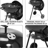 A four-panel product information graphic showing a black round kettle-style LUND CHARCOAL BBQ GRILL WITH LID 41CM from different angles, with text labels for grill size, firebowl height, air flow, and ashpan. -  LUND CHARCOAL BBQ GRILL WITH LID 41CM #99591 -  Abouche3le