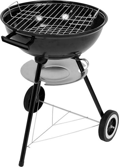 A classic LUND CHARCOAL BBQ GRILL WITH LID 41CM with a wire grate on top, a side handle, a wheeled stand with two wheels, and a silver metal drip tray, shown against a plain white background.