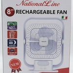 National Line 8-inch rechargeable fan retail box, featuring a white box with a printed image of the fan, red and black text, and feature icons on the left side. -  NationalLine 8" Rechargeable Fan with Night Light (Model 5000) -  Abouche3le