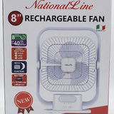 National Line 8-inch rechargeable fan retail box, featuring a white box with a printed image of the fan, red and black text, and feature icons on the left side. -  NationalLine 8" Rechargeable Fan with Night Light (Model 5000) -  Abouche3le