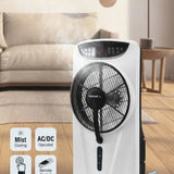 National Line 16-Inch Rechargeable Mist Cooling Fan with LED Lights & Remote (ABH-2025) misting fan with wheels, shown in a living room setting. The image includes feature callout icons on the left and a model label at the bottom.