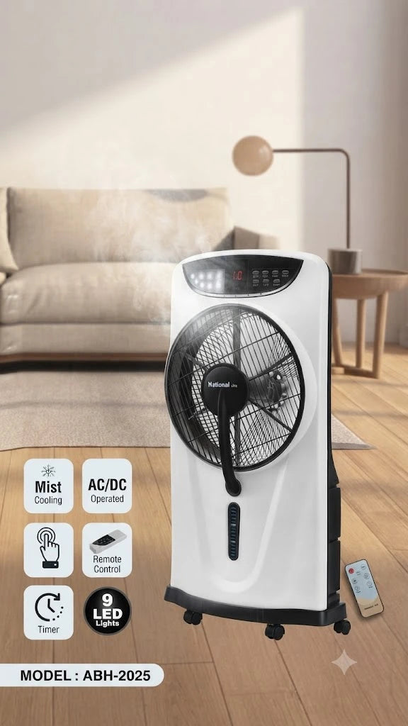 National Line 16-Inch Rechargeable Mist Cooling Fan with LED Lights & Remote (ABH-2025) misting fan with wheels, shown in a living room setting. The image includes feature callout icons on the left and a model label at the bottom.