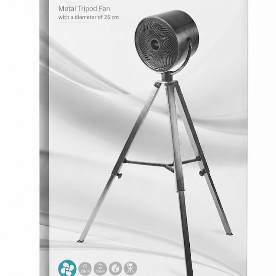 Product packaging for a midi metal tripod fan, showing a black circular fan on a silver tripod against a white box with abstract gray wave graphics.