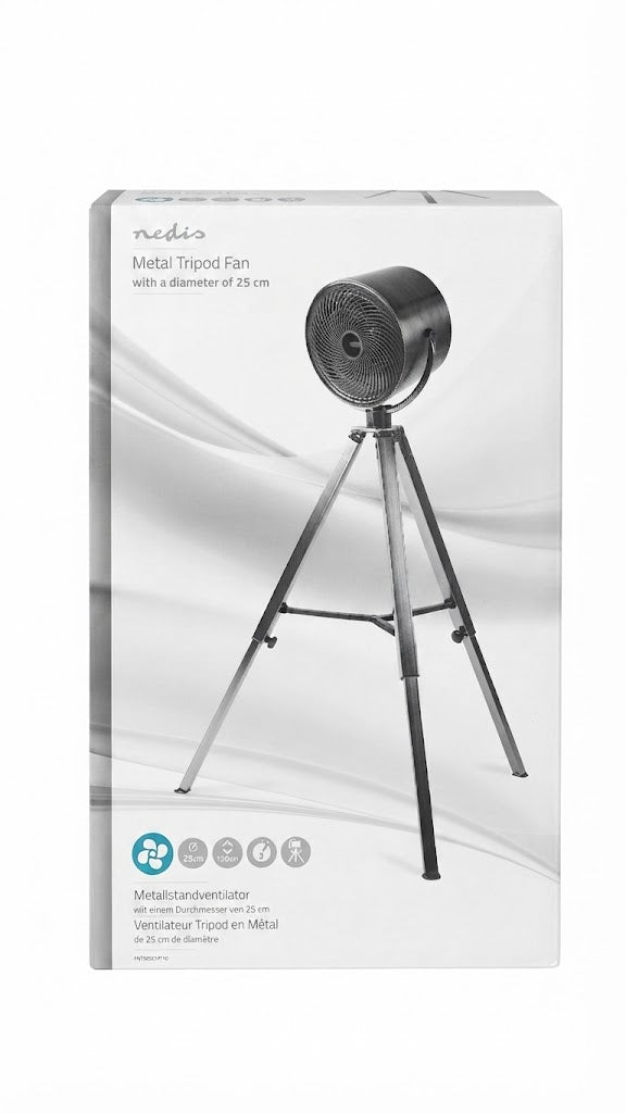 Product packaging for a midi metal tripod fan, showing a black circular fan on a silver tripod against a white box with abstract gray wave graphics.