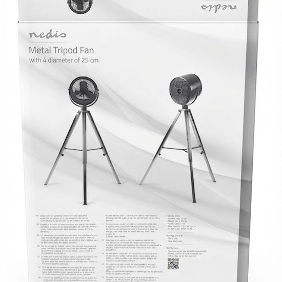 The retail packaging box for the 'nudio' Metal Tripod Fan, showing the back of the box with product images, specifications, and text on a clean white background.