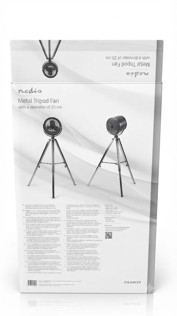 The retail packaging box for the 'nudio' Metal Tripod Fan, showing the back of the box with product images, specifications, and text on a clean white background.