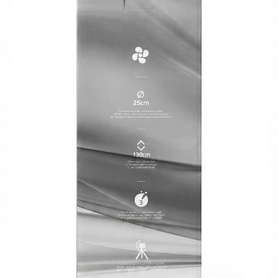 A tall rectangular product box for a metal tripped fan, shown upright on a clean white background. The packaging features a gray abstract wave design with small printed icons and text including 'Metal Tripped Fan' and the brand name 'medio' near the bottom.
