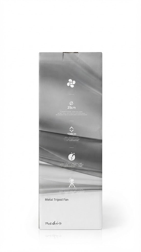 A tall rectangular product box for a metal tripped fan, shown upright on a clean white background. The packaging features a gray abstract wave design with small printed icons and text including 'Metal Tripped Fan' and the brand name 'medio' near the bottom.
