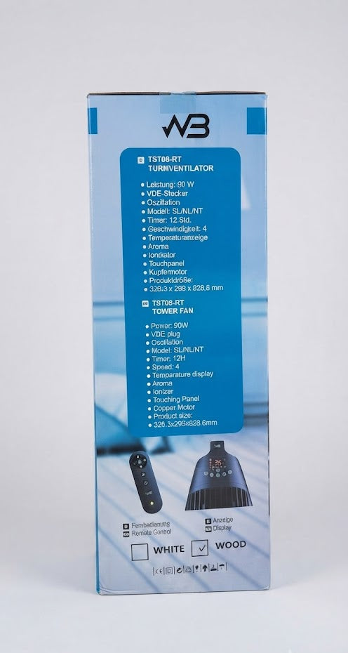 A tall rectangular product box for a WB brand tower fan, shown standing upright against a plain light background. The box is predominantly light blue and white, with blue text panels, product photos of the fan and remote, and small feature icons near the bottom.