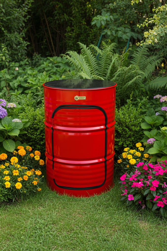 A bright red metal barrel-style side table or stool with a black top and black trim, photographed outdoors on a tiled floor next to another black barrel-shaped piece of furniture.